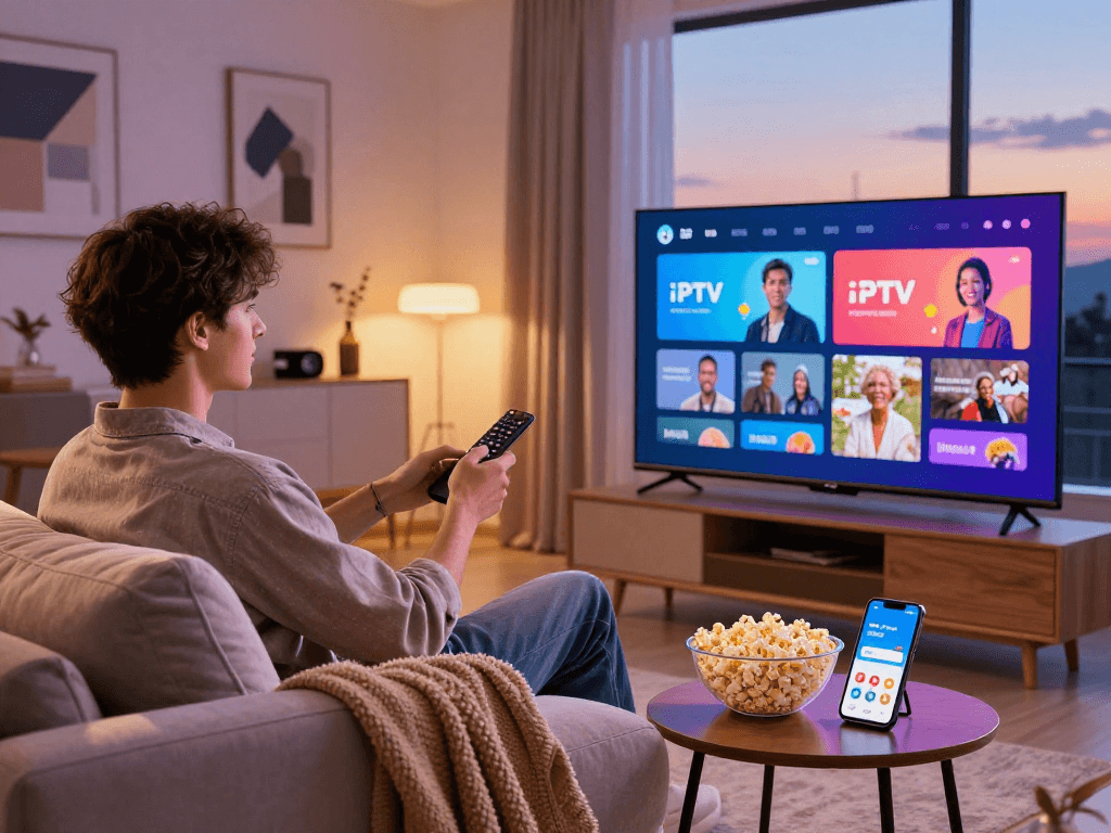 Découvrez l'expérience IPTV de qualité HD/4K avec Atlas pro, dans un salon moderne et accueillant.