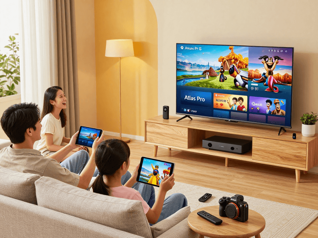 Famille utilisant le service IPTV Atlas pro dans un salon moderne avec une télévision affichant du contenu HD.