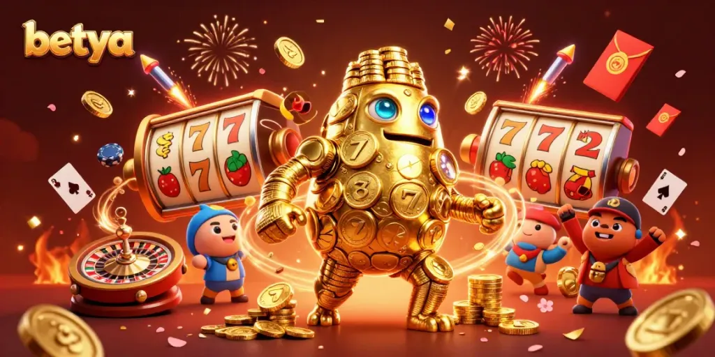 Experience dynamic gaming adventures at Betya casino with vibrant 3D illustrations of slots and casino elements.