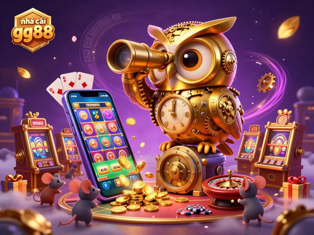Engage with the dynamic world of nhà cái gg88 featuring a golden owl on a vault, amidst exciting gaming elements.