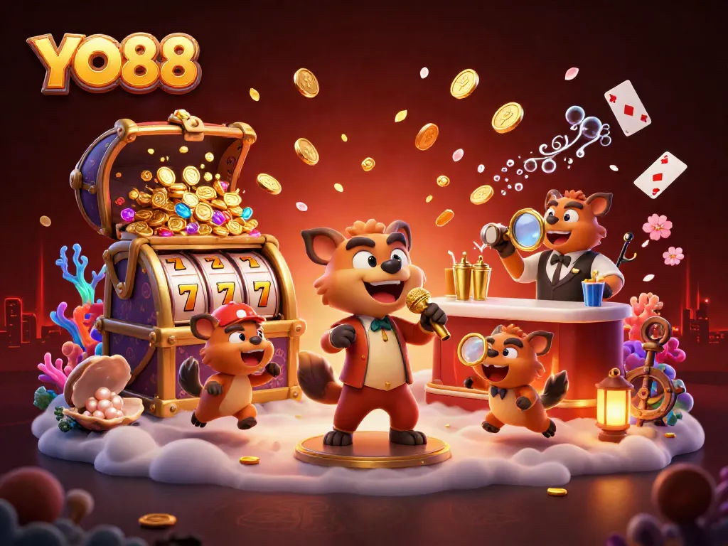 Experience the lively atmosphere at YO88 with hyenas running a vibrant casino scene filled with winning slots and dazzling antics.