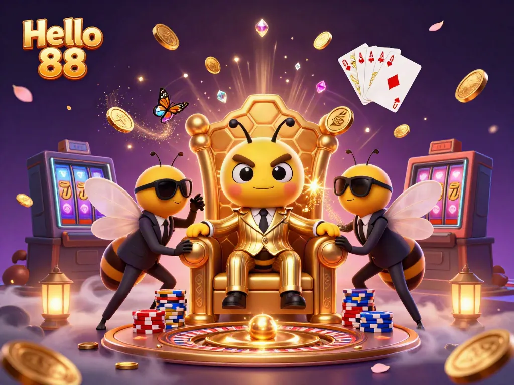 Engage in the thrill of Hello 88 with a vibrant casino scene featuring a bumblebee mob boss amidst golden coins and jewelry.