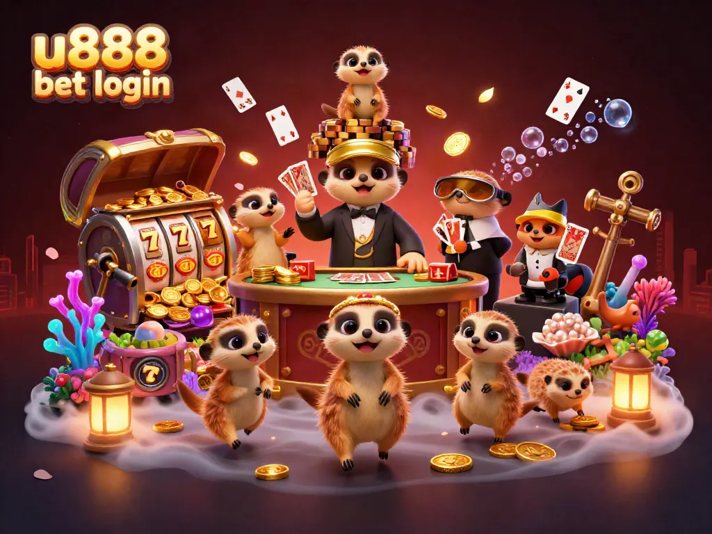 Experience the excitement of u888 bet login with lively meerkats running a casino, surrounded by gold and gems.