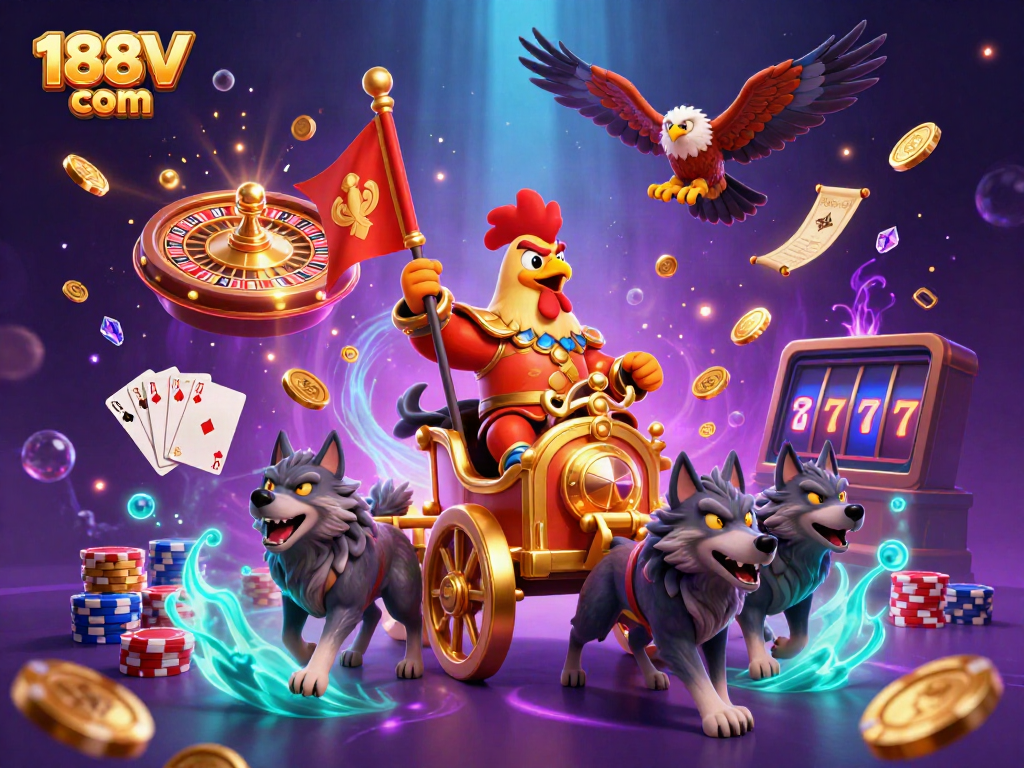 Experience the thrill of gaming with 188V com's vibrant casino scene featuring dynamic characters and rich casino elements.