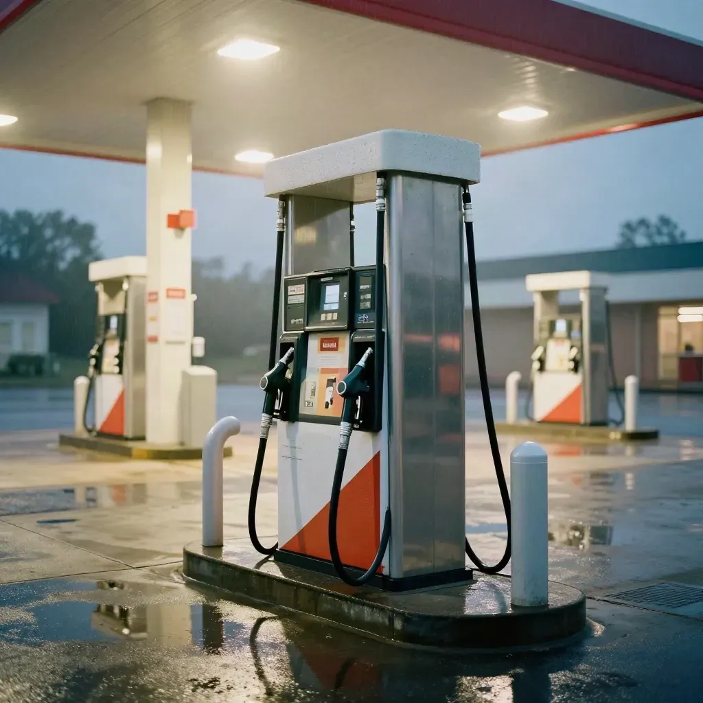 Pompe à carburant solitaire sous un auvent, pluie fine, reflets mouillés et néon au crépuscule
