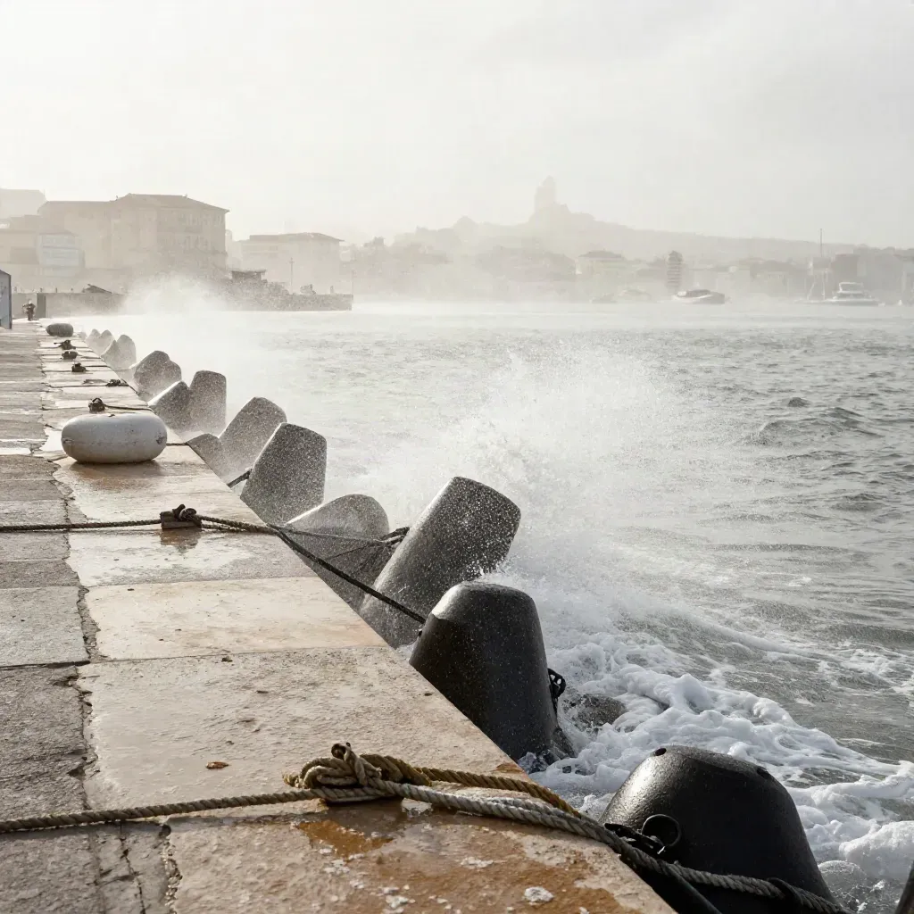 Vieux-Port de Marseille sous le mistral, vagues et embruns sur le quai de pierre.