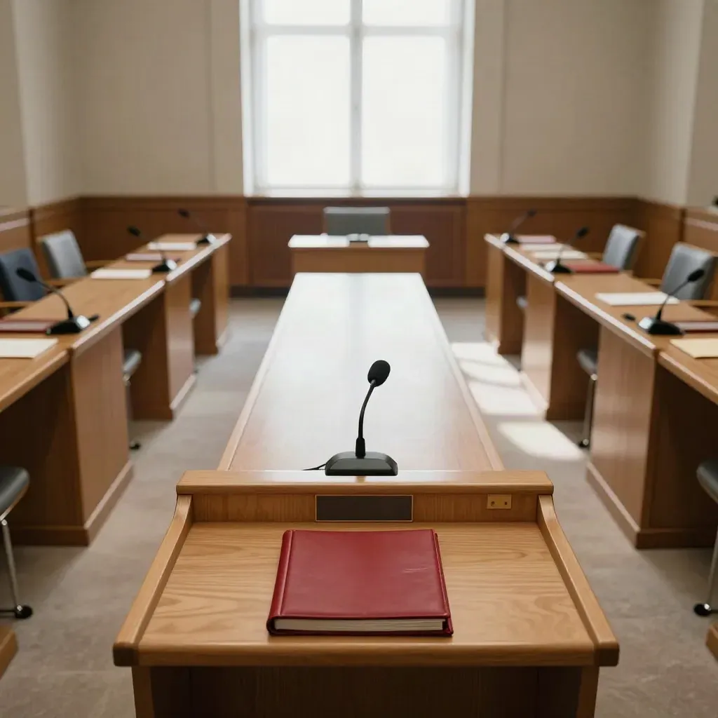 Salle parlementaire vide, pupitres rabattus et dossiers fermés après un vote.