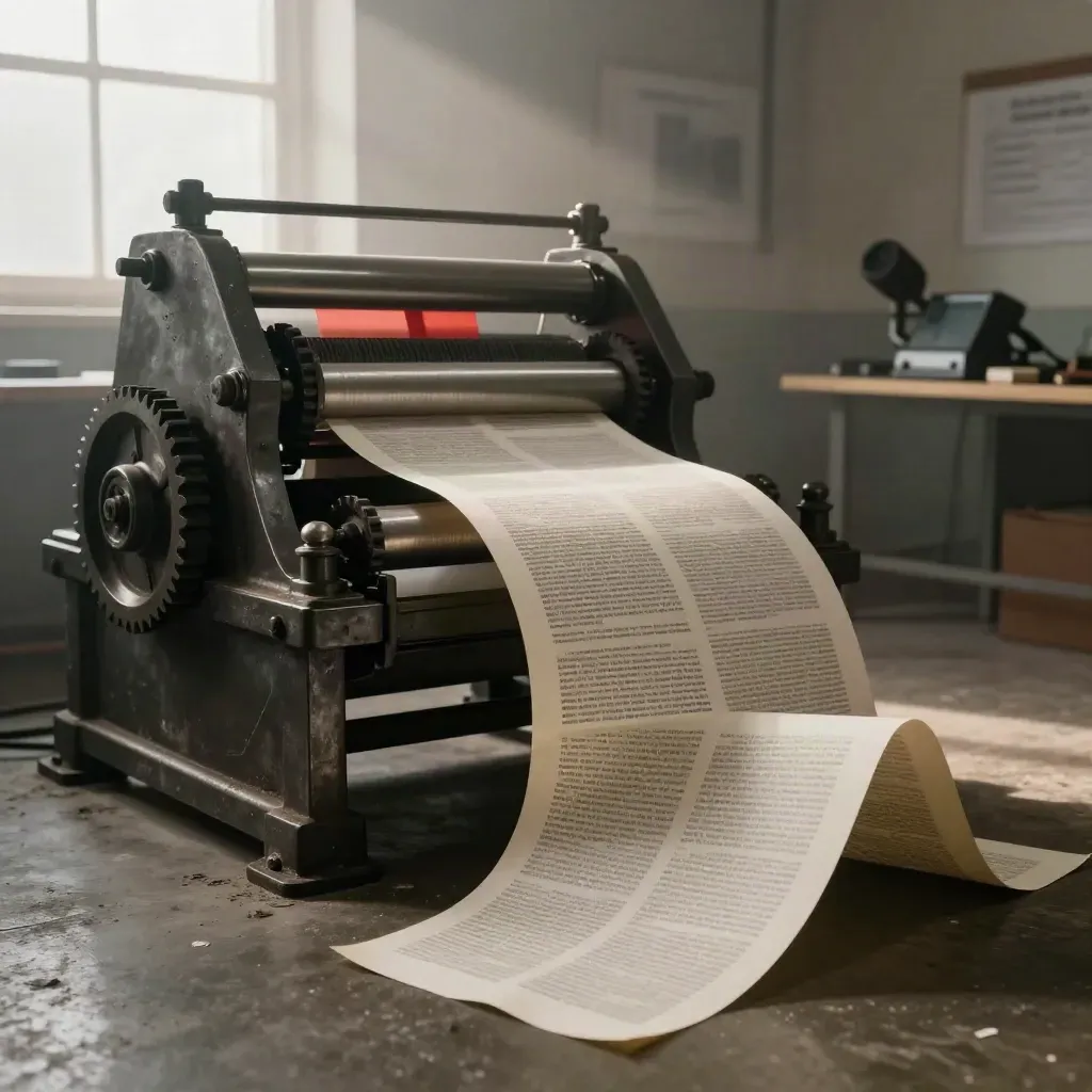 Rotative d’impression, feuilles de presse en vol et micro flou dans une salle brumeuse.