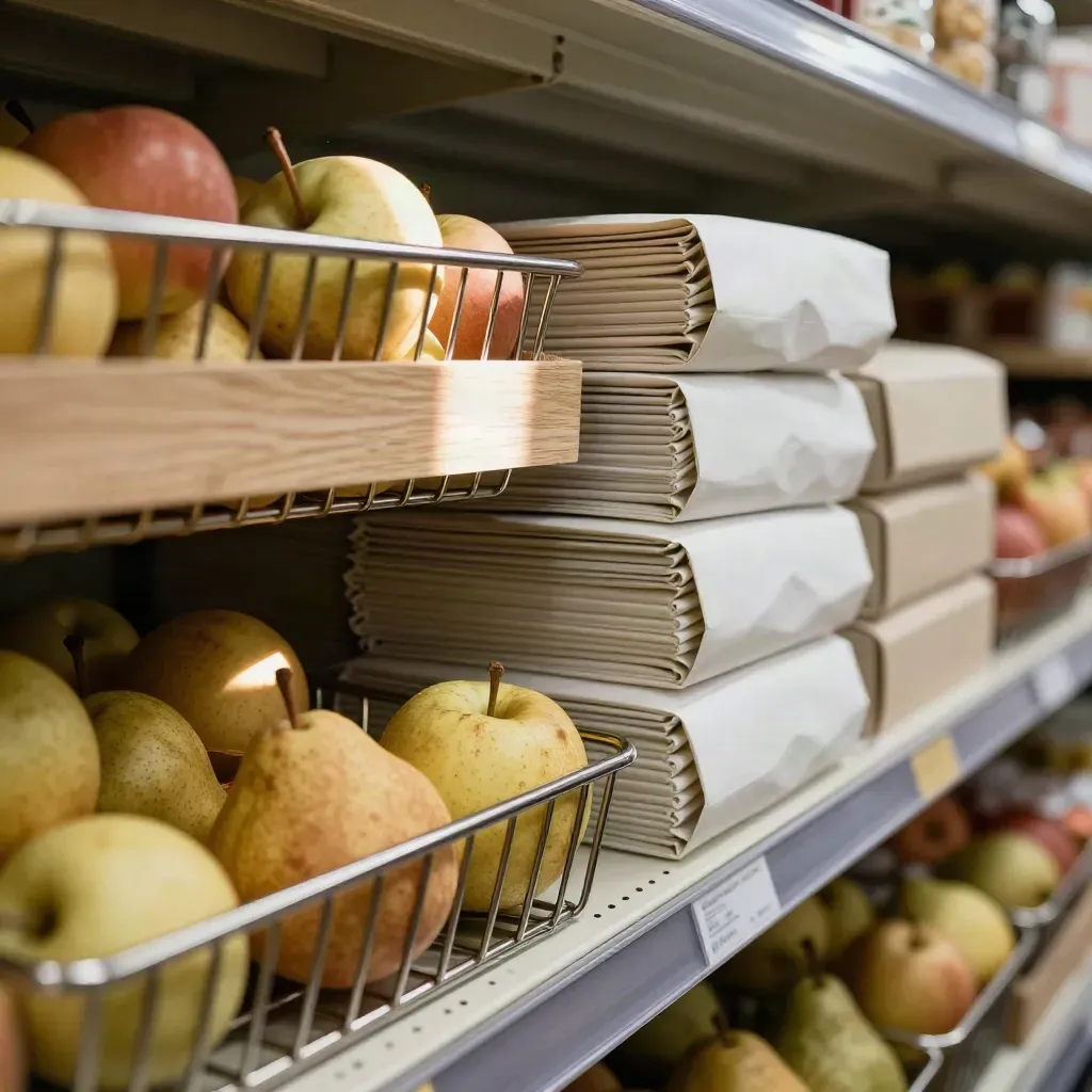 Rayon d’épicerie réapprovisionné, paniers métalliques, caisses de fruits et emballages neutres.