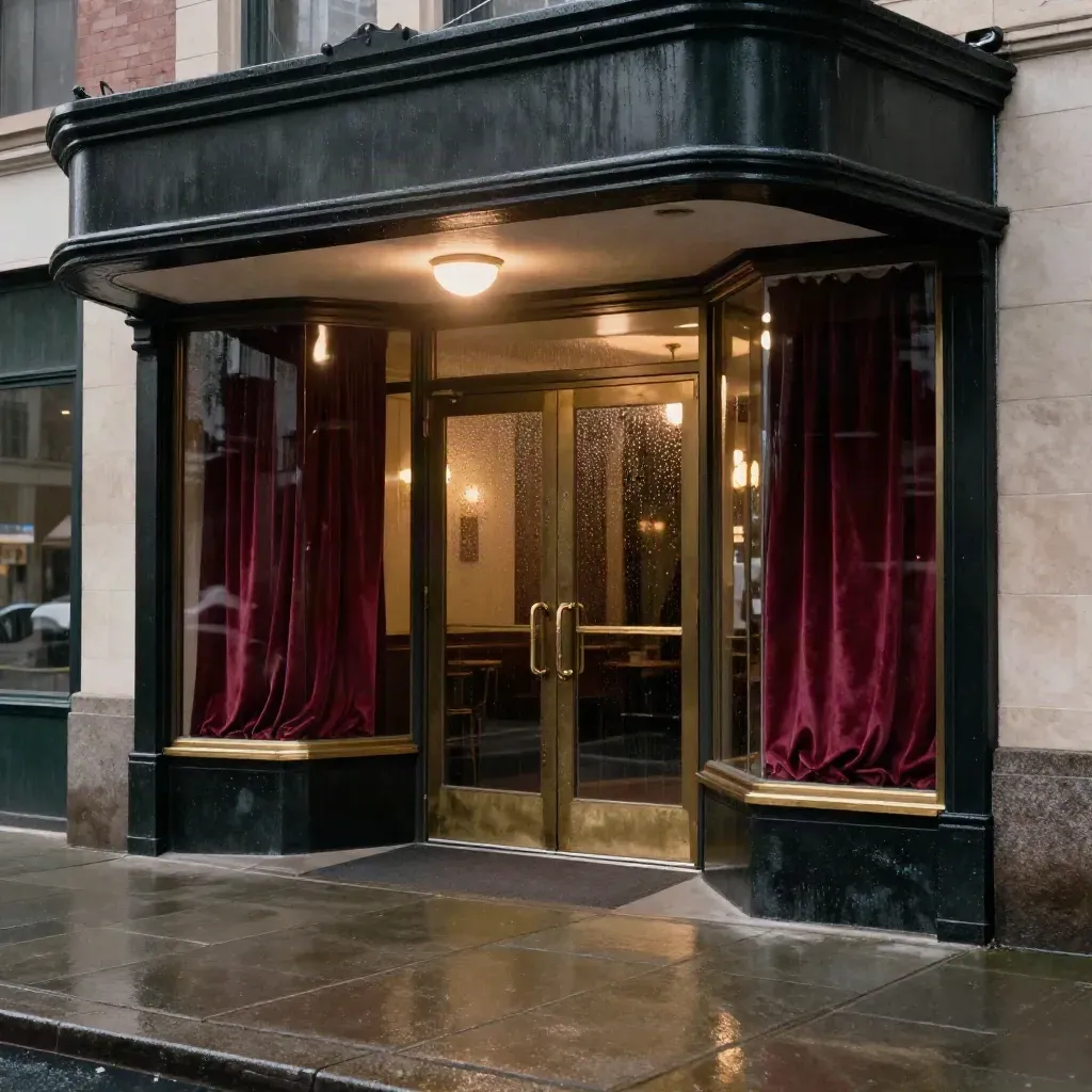 Entrée d’un cinéma de quartier mouillée par la pluie, rideau rouge et hall lumineux.