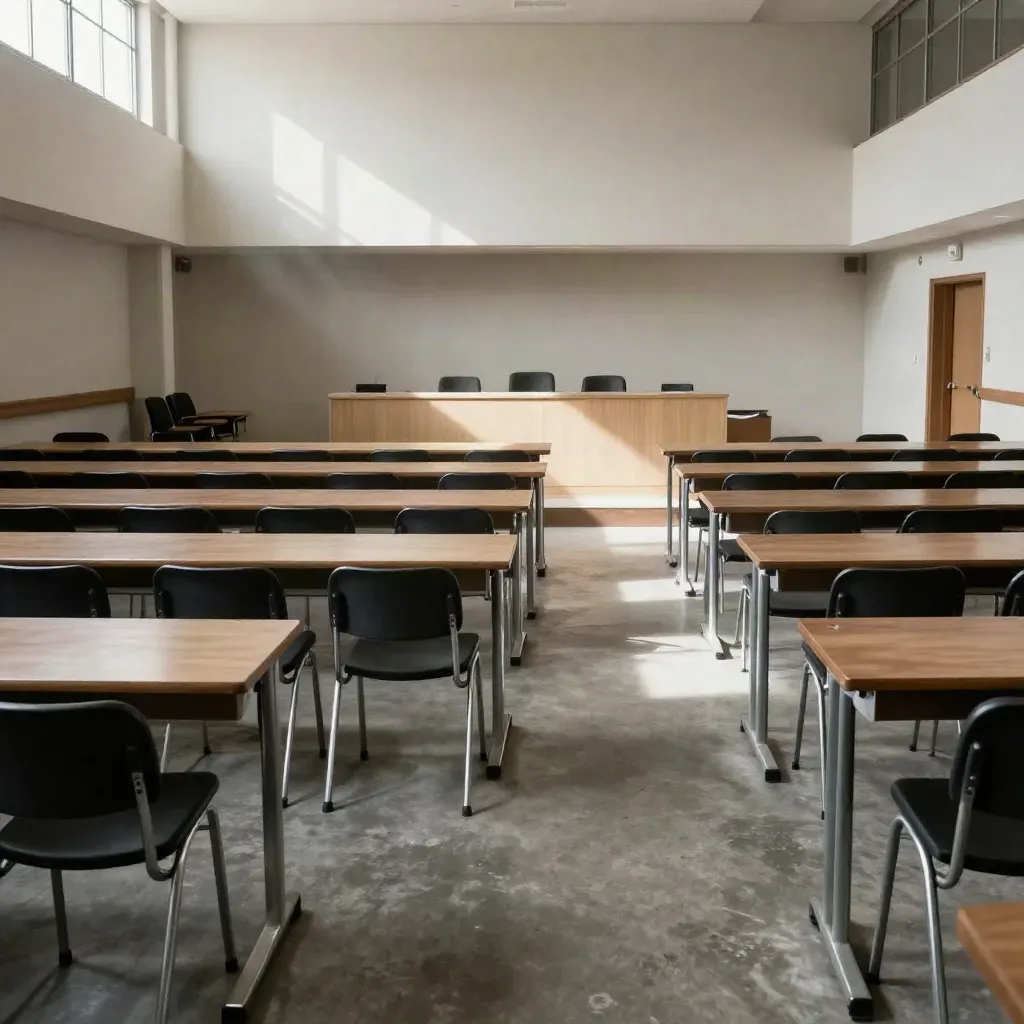 Grande salle d’audition vide, chaises noires et tables repliées, lumière froide de jour.
