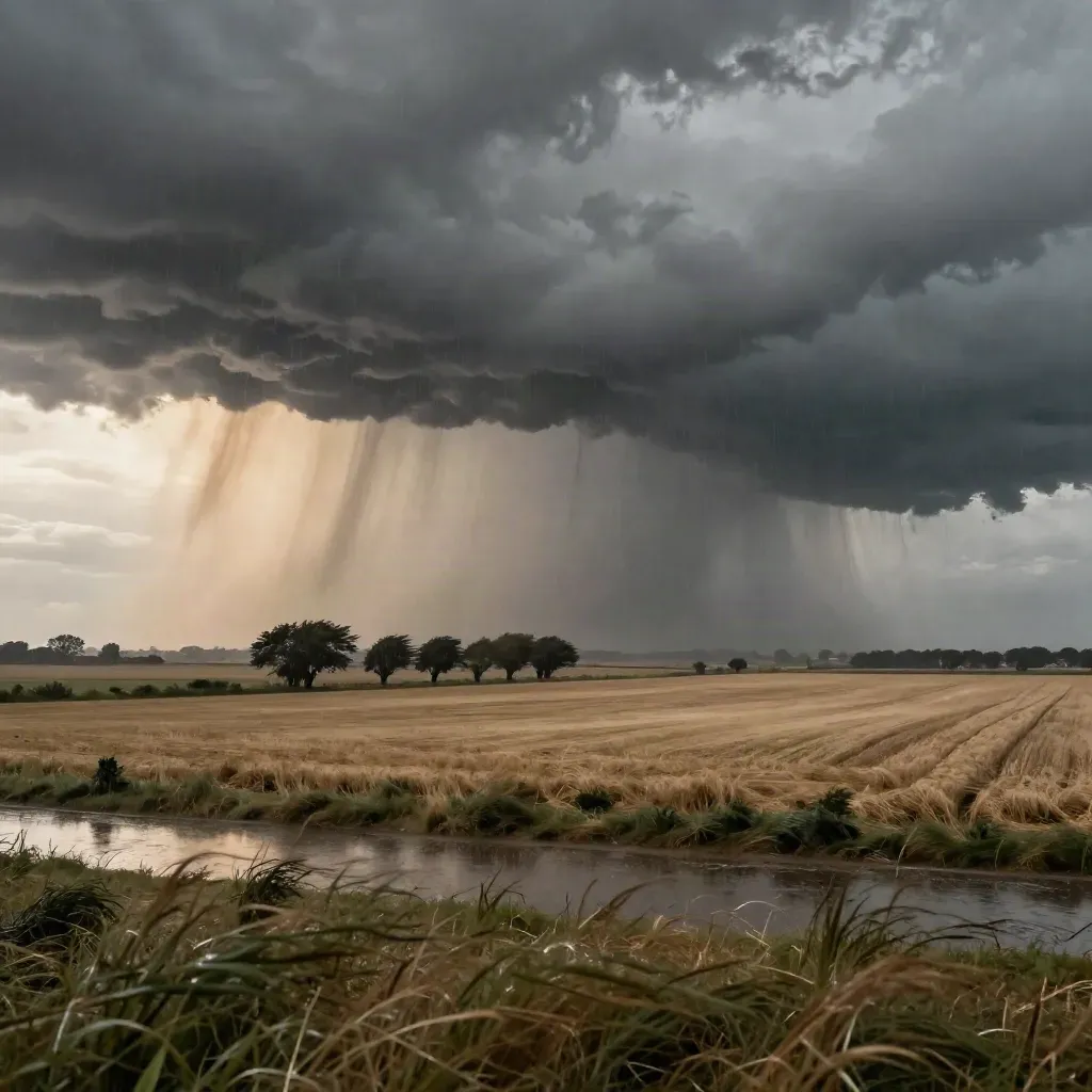 Front d’orage sur champs plats, pluie dense et lisières d’arbres balayées par le vent.