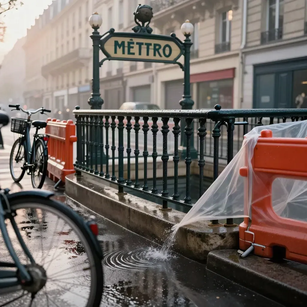 Bouche de métro parisienne humide, vélos rangés et barrières de chantier au petit matin.