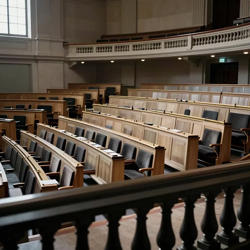 L’hémicycle de l’Assemblée vide après un vote, lumière douce et atmosphère tendue.