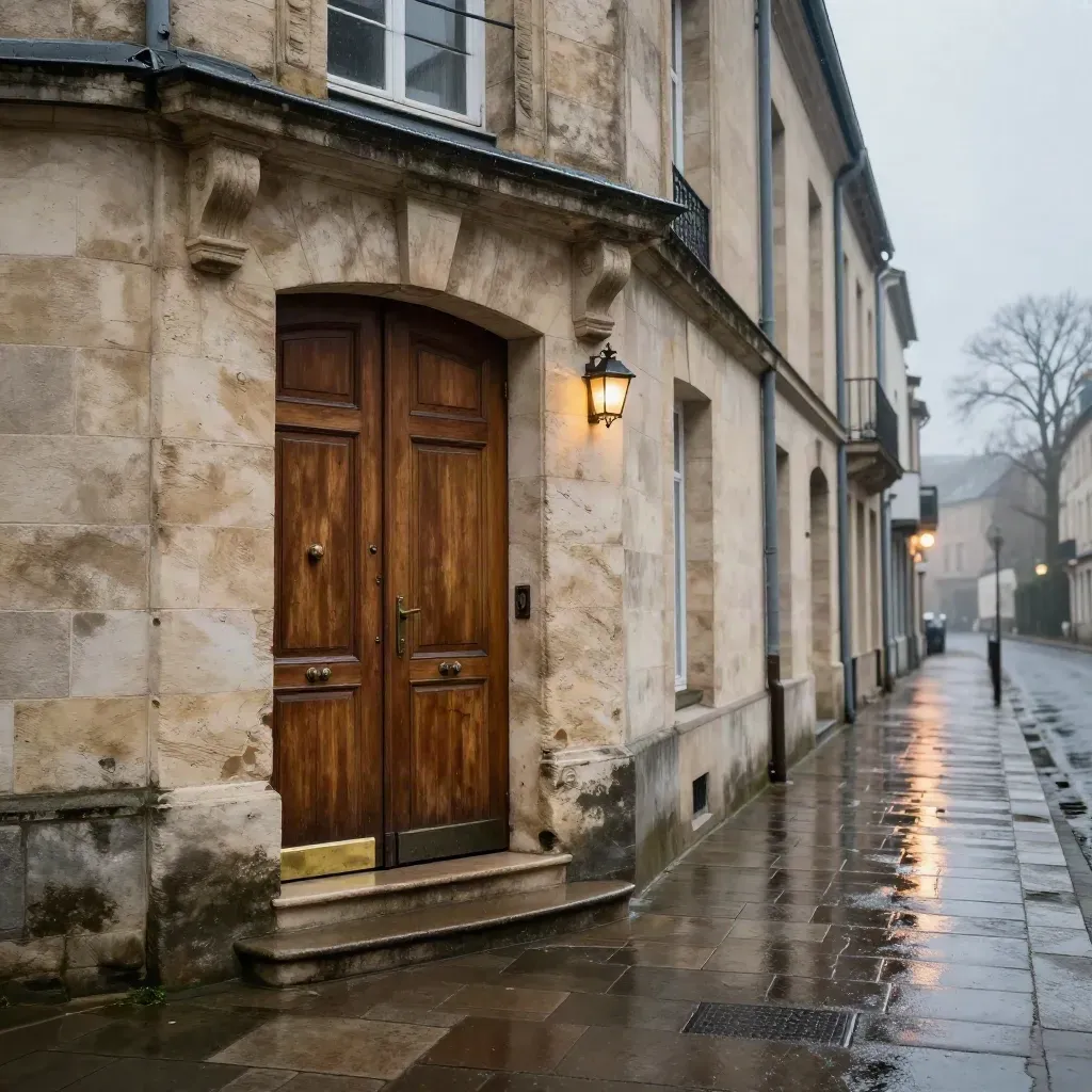 Façade de mairie de quartier humide après la pluie, porte close, pavés brillants.