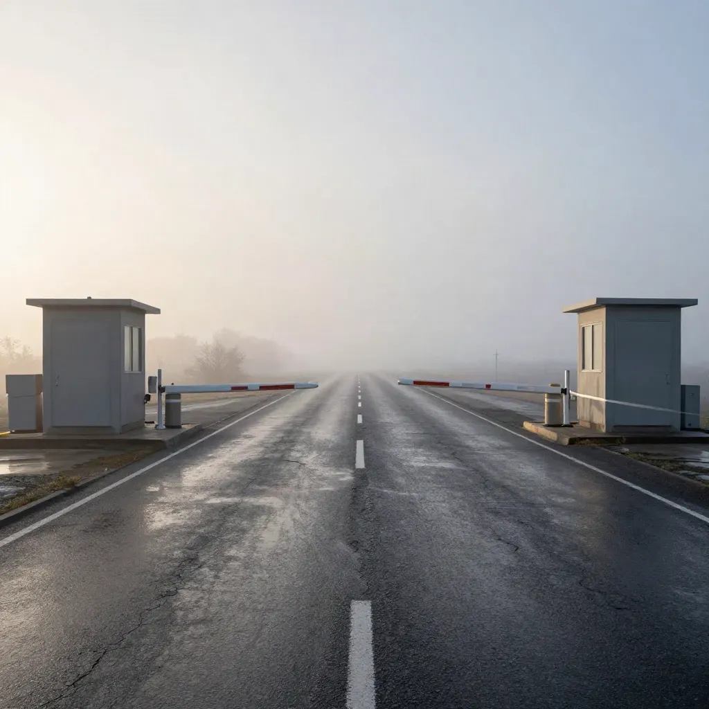 Poste-frontière désert à l’aube, barrières levées, rubalise blanche et route vide dans le brouillard.