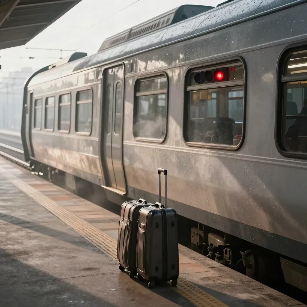 Quai de gare désert, train à l’arrêt, valises immobiles, vapeur légère et lumière douce.