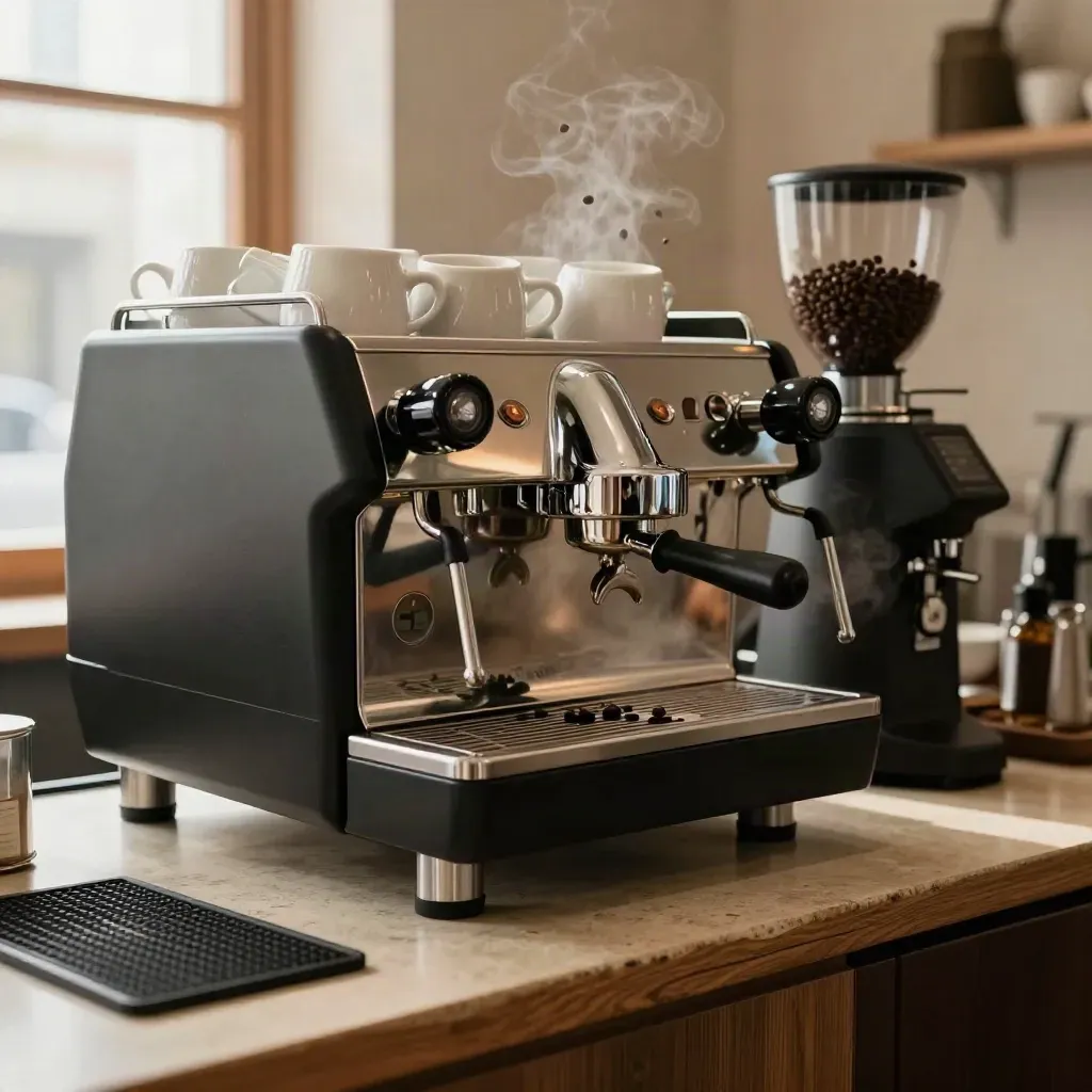 Machine espresso en service du matin, vapeur, tasses empilées et grains de café.