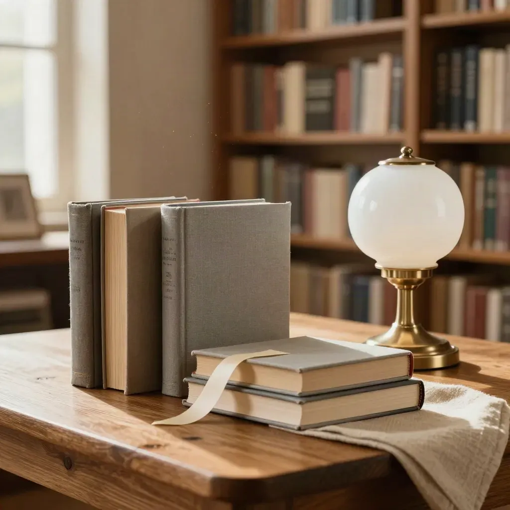 Trois livres choisis, un marque-page ivoire et une lampe basse sur une table de librairie.