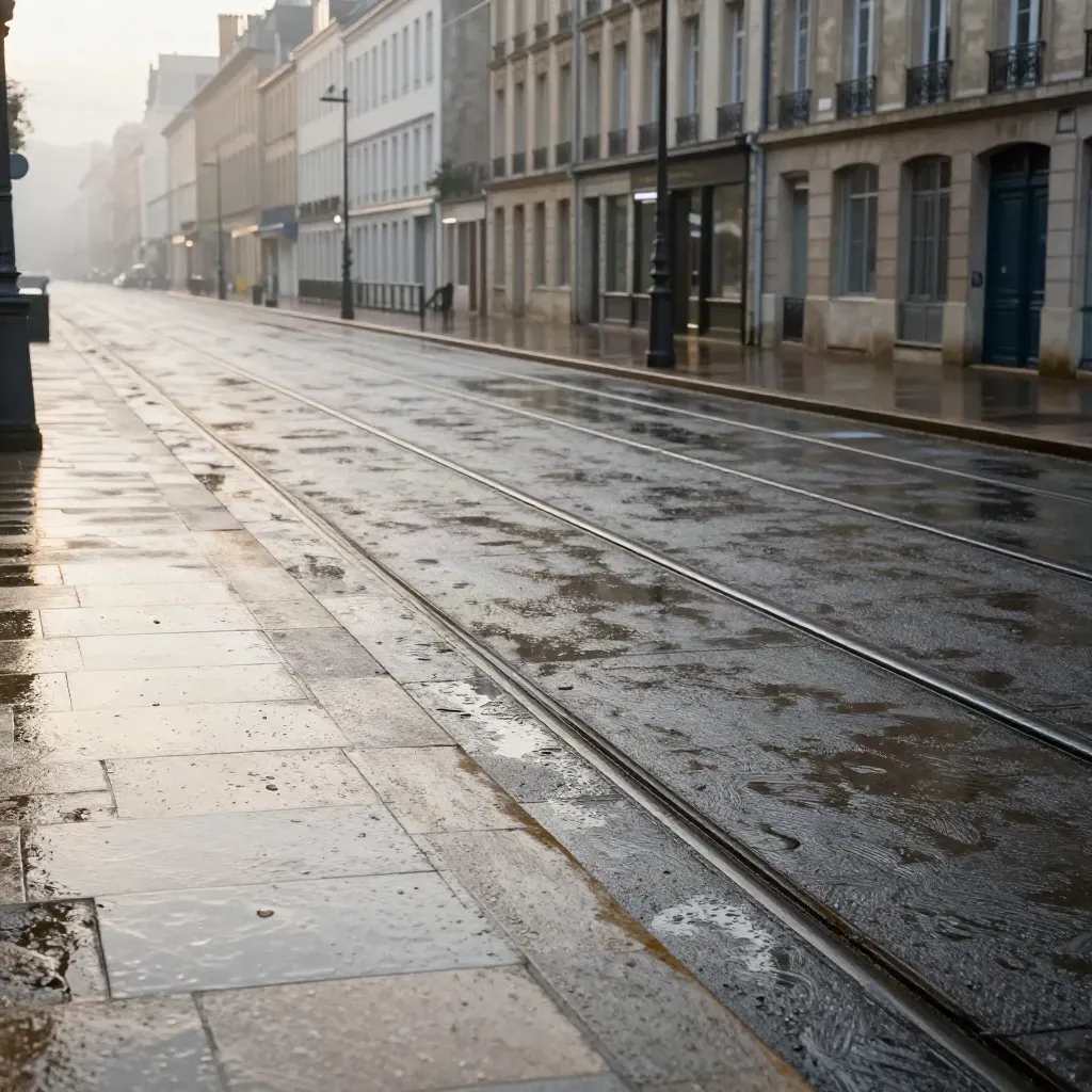 Quai nantais humide avec rails de tram, pavés luisants et façades en pierre.