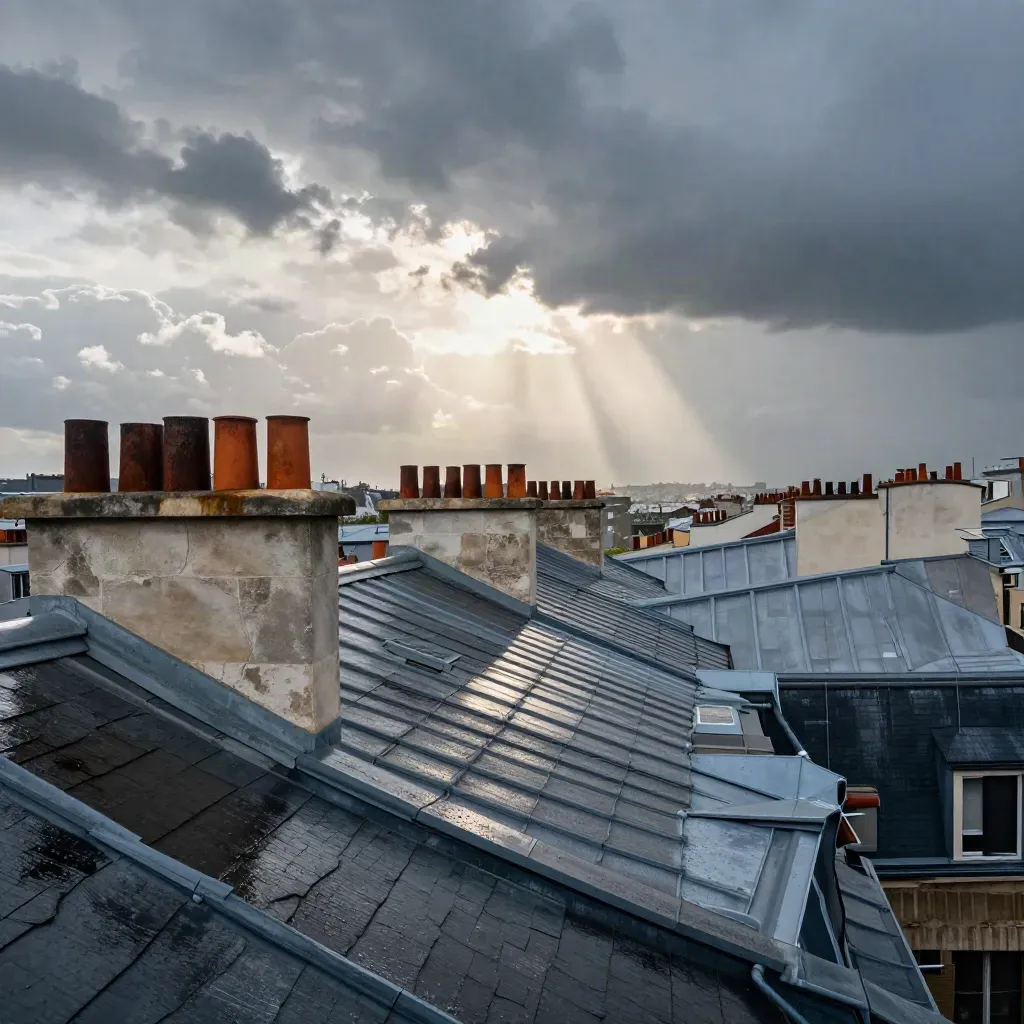 Toits mouillés sous un ciel qui s’éclaircit, avec gouttières et cheminées.