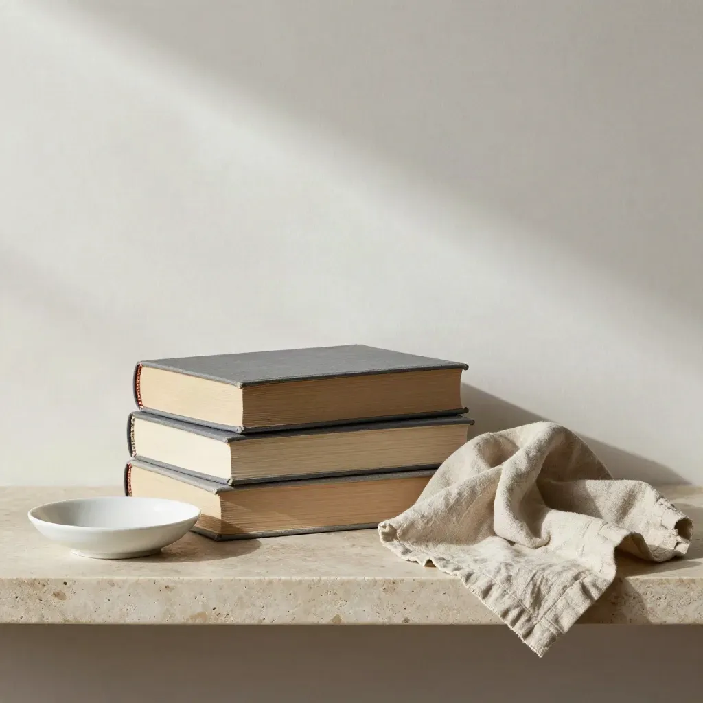 Trois livres fermés, une coupelle en céramique blanche et un linge froissé sur une étagère en pierre.