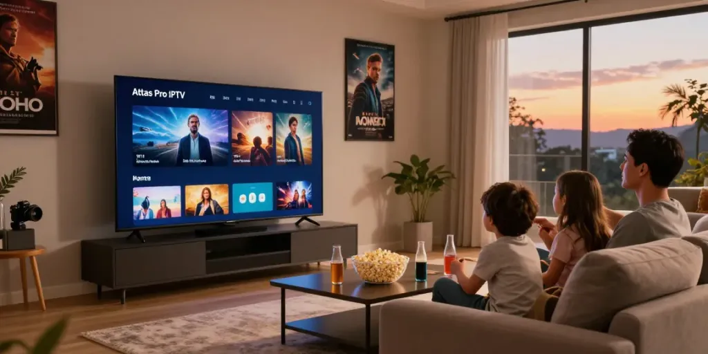 Famille profitant de l'application atlas pro iptv lors d'une soirée cinéma à domicile.