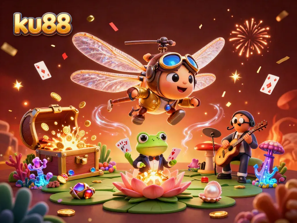 Experience thrilling games at ku88 with a dragonfly pilot and frog croupier amid a vibrant casino scene.