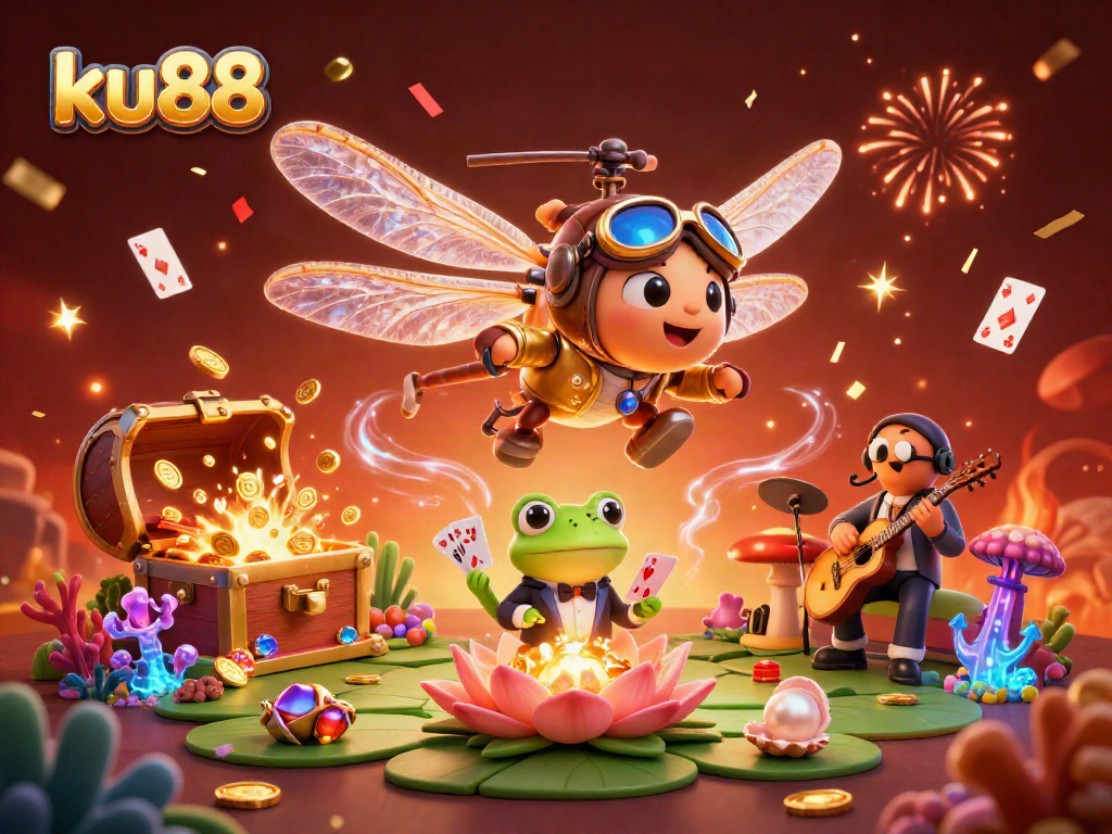 Experience thrilling games at ku88 with a dragonfly pilot and frog croupier amid a vibrant casino scene.
