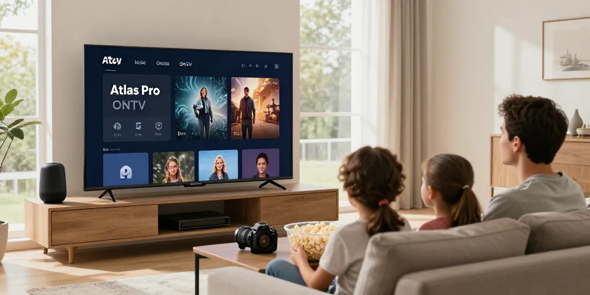 Famille profitant de l'application atlas pro ONTV dans un salon accueillant.