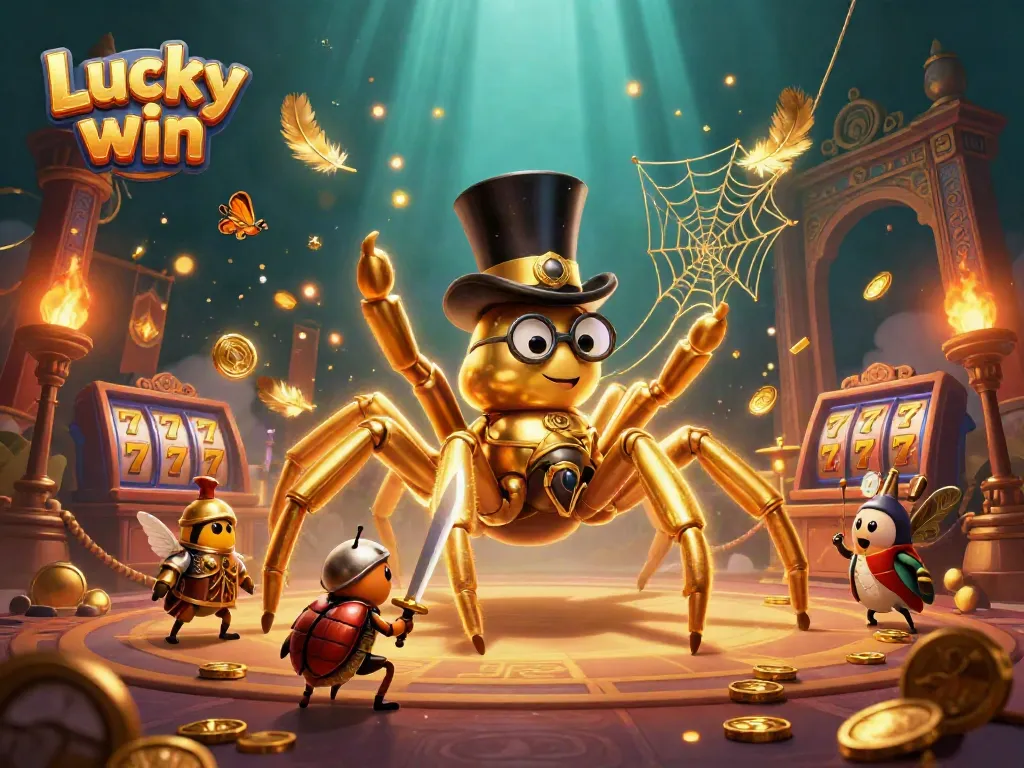 Engage in thrilling gameplay with Lucky win as a golden tarantula spins fortunes in a dynamic casino.