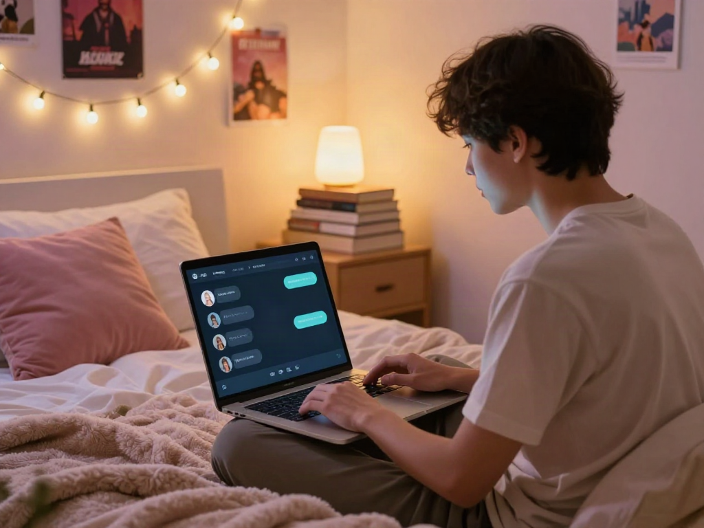 Free AI slut interaction on a laptop in a cozy bedroom setting.